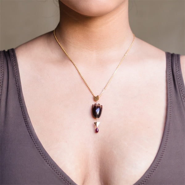 Smoky Quartz Pendant | Made with Sterling Silver | Garnet Drop Heart Design | Hand Carved