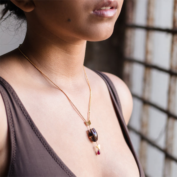 Smoky Quartz Pendant | Made with Sterling Silver | Garnet Drop Heart Design | Hand Carved