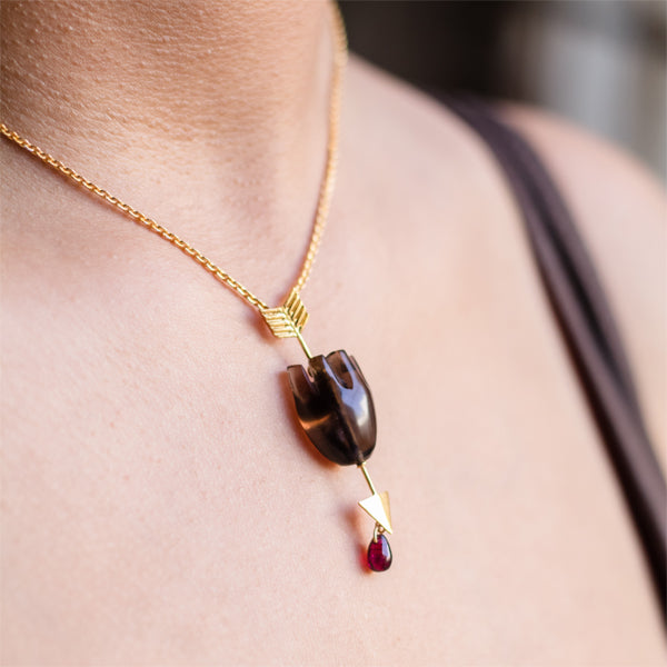 Smoky Quartz Pendant | Made with Sterling Silver | Garnet Drop Heart Design | Hand Carved