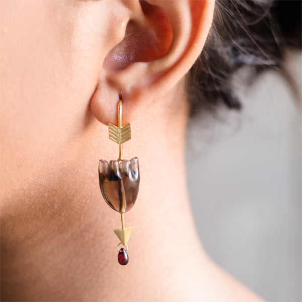 Garnet Drop Ear Dangler | Smoky Quartz Gem Stone | 925 Silver | Hand-Carved Lean Design