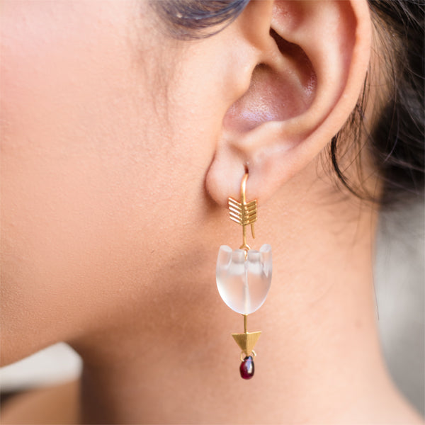 White Ear Dangler | Crystal Quartz Gem Stone | Gold Plated 925 Silver | Hand-Carved