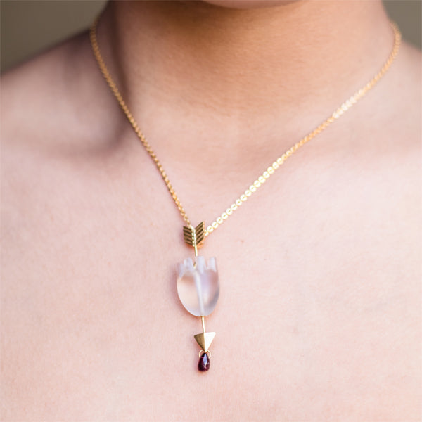 Pinkish White Crystal Quartz Pendant | Hand-Carved Heart Design | Gold Plated 925 Silver