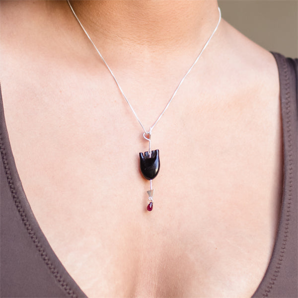 Black & Garnet Pendant | Hand-Crafted Sterling Pure Silver | Minimal And Crisp Design