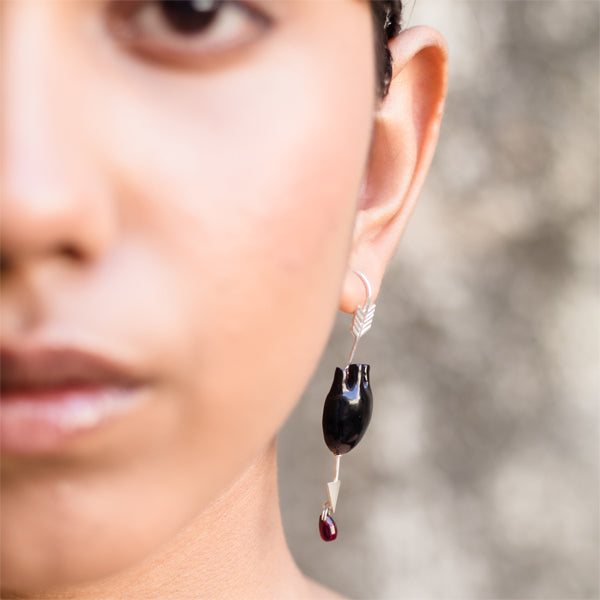 Black Earrings | Hand-Carved Black Onyx Heart Design | Sterling Silver | Sharp & Crips