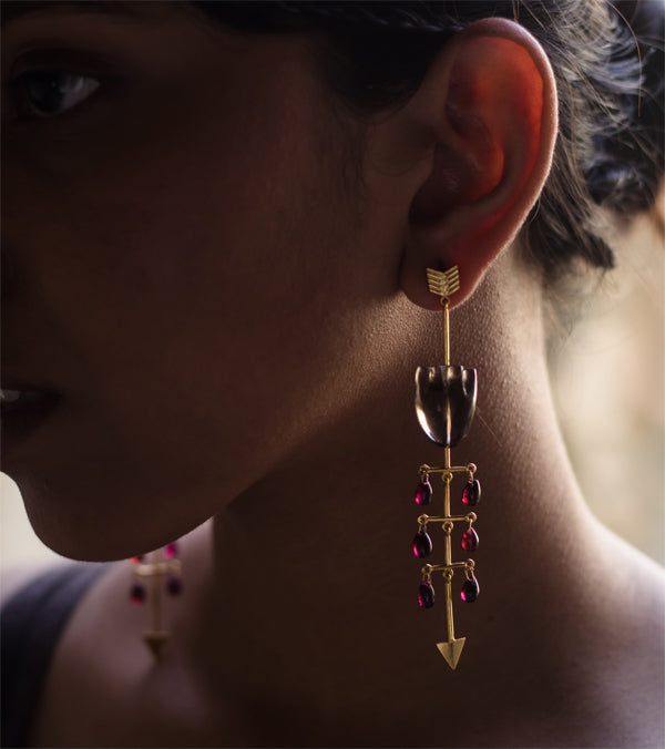 Brown Earring | Hand-Carved Gemstone of Smoky Quartz And Garnet | Gold Plated Silver