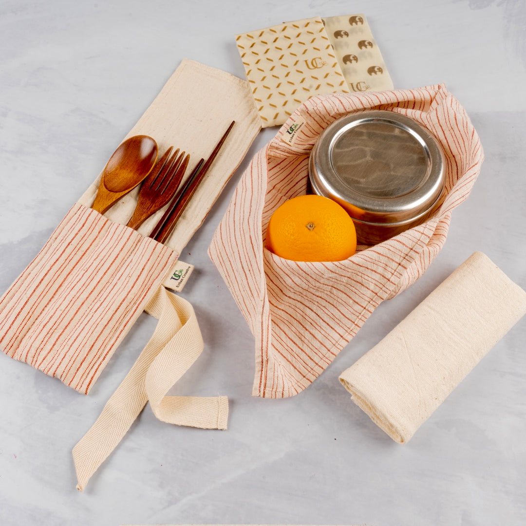 Travel Kit | Bento Bag, Napkin, Beeswax Food And Cutlery Wrap | Off-White & Red