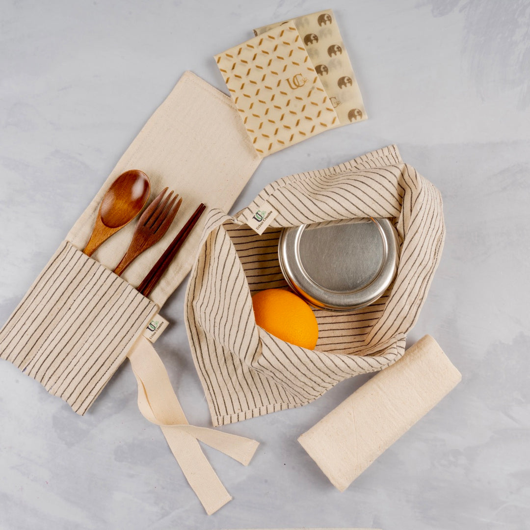 Travel Kit | Bento Bag, Napkin, Beeswax Food And Cutlery Wrap | Cotton Made 