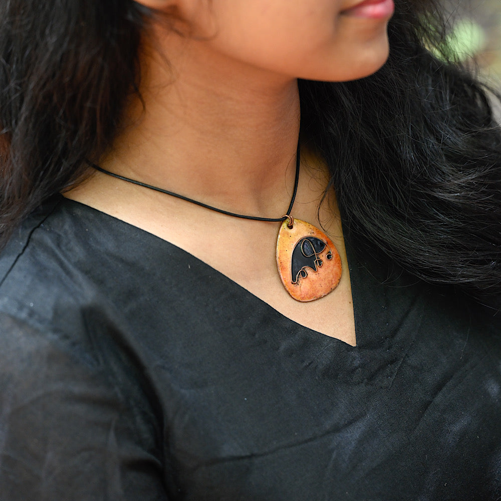 Yellow Elephant Copper Enamel Pendant With Cotton String | Hand-crafted
