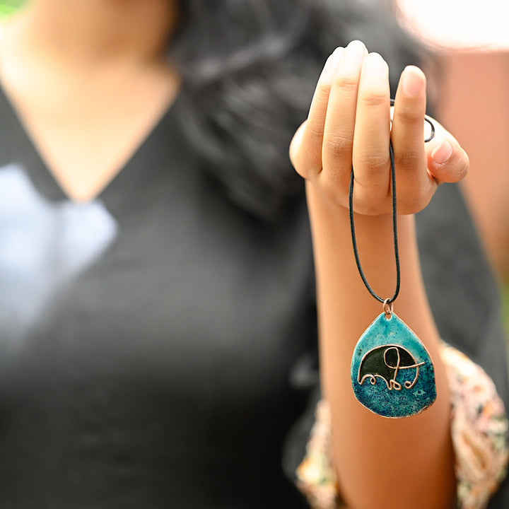 Blue Elephant Copper Enamel Pendant With Cotton String | Hand-crafted