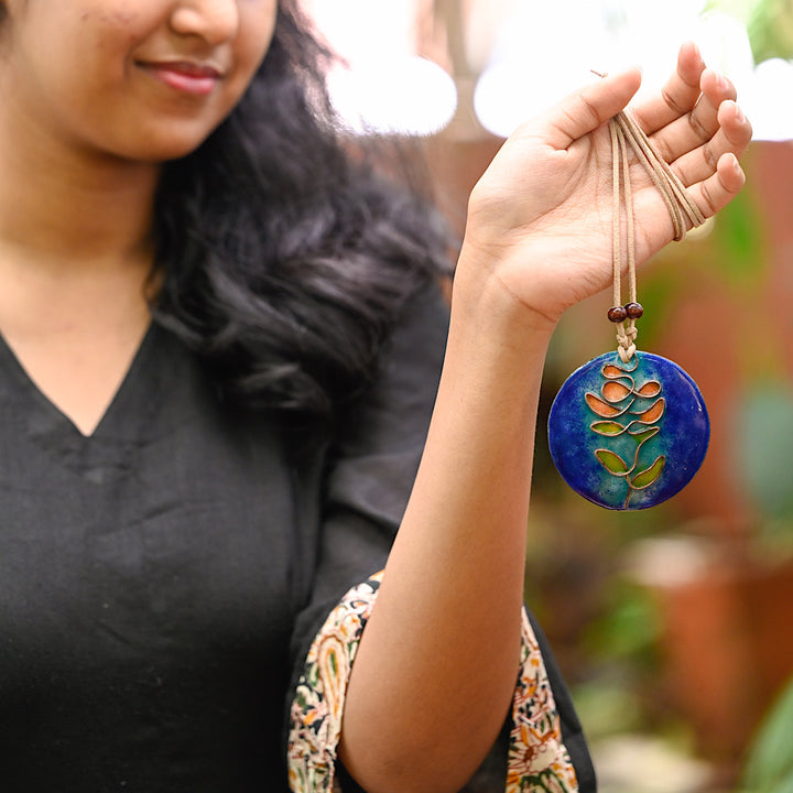 Copper Enamel Blue Tree Pendant With Cotton String | Hand-crafted | Blue