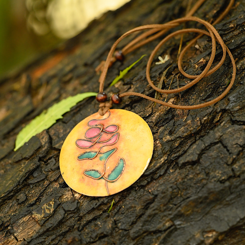 Copper Enamel Orange Tree Pendant With Cotton String | Hand-crafted