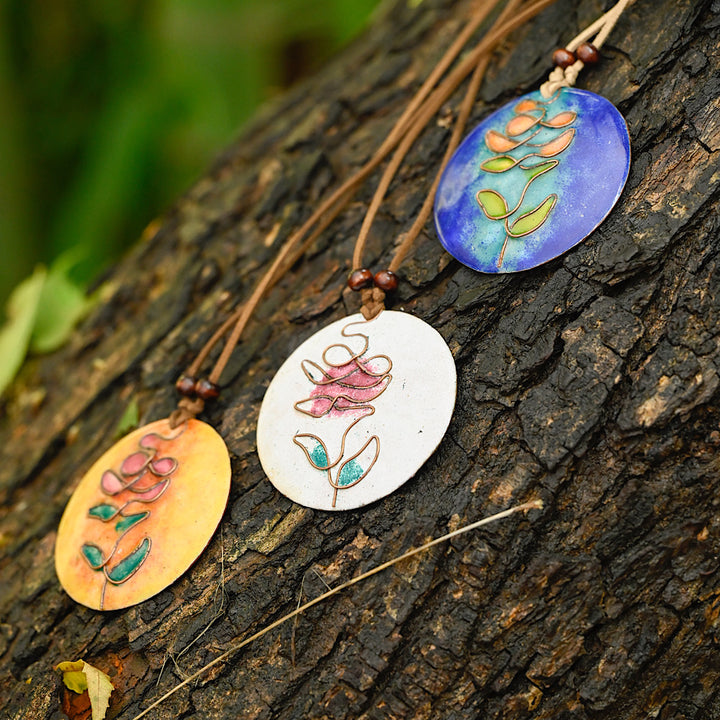 Copper Enamel Blue Tree Pendant With Cotton String | Hand-crafted | Blue