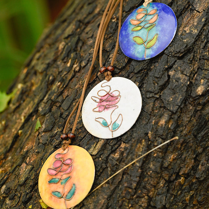 Copper Enamel Orange Tree Pendant With Cotton String | Hand-crafted