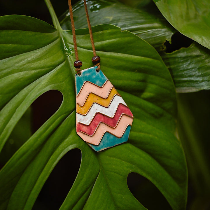 Retro Zigzag Diamond Shape Pendant | Hand-crafted | Teal & Multicolour