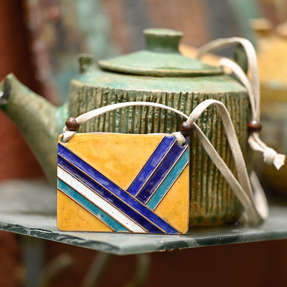 Copper Enamel Retro Lines Rectangle Pendant | Hand-crafted | Yellow