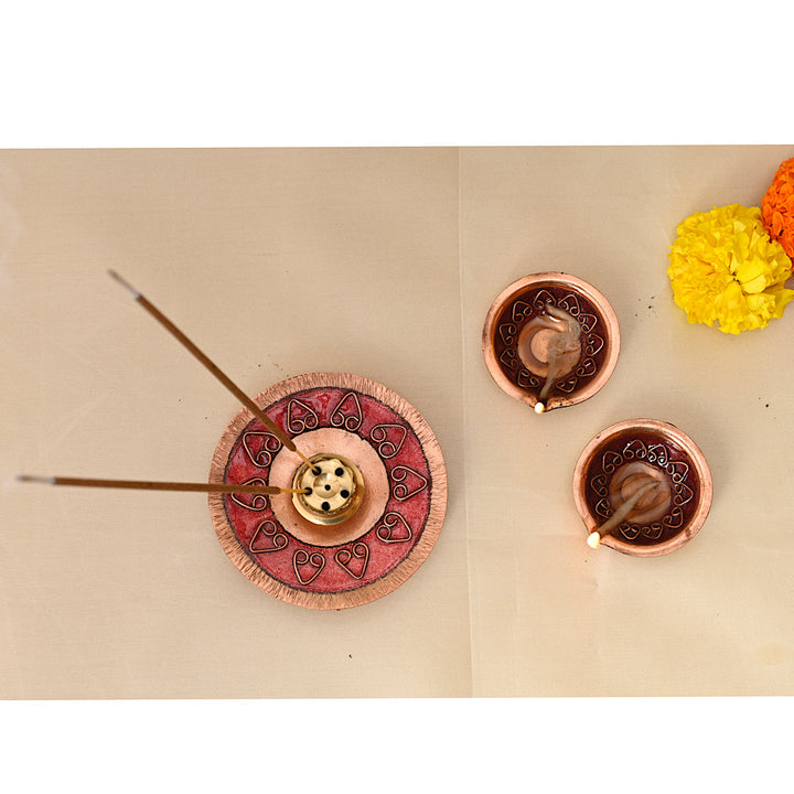 Archana Festive Pooja Thali With Diya | Copper Ware | Hand-crafted | Combo Of 3