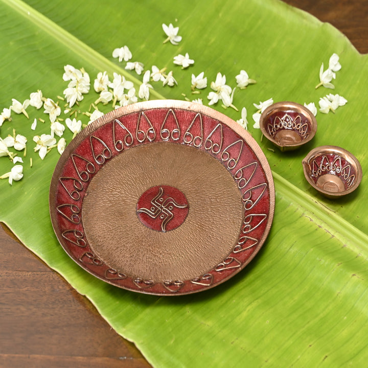 Archana Festive Pooja Thali With Diya | Copper Ware | Hand-crafted | Combo Of 3