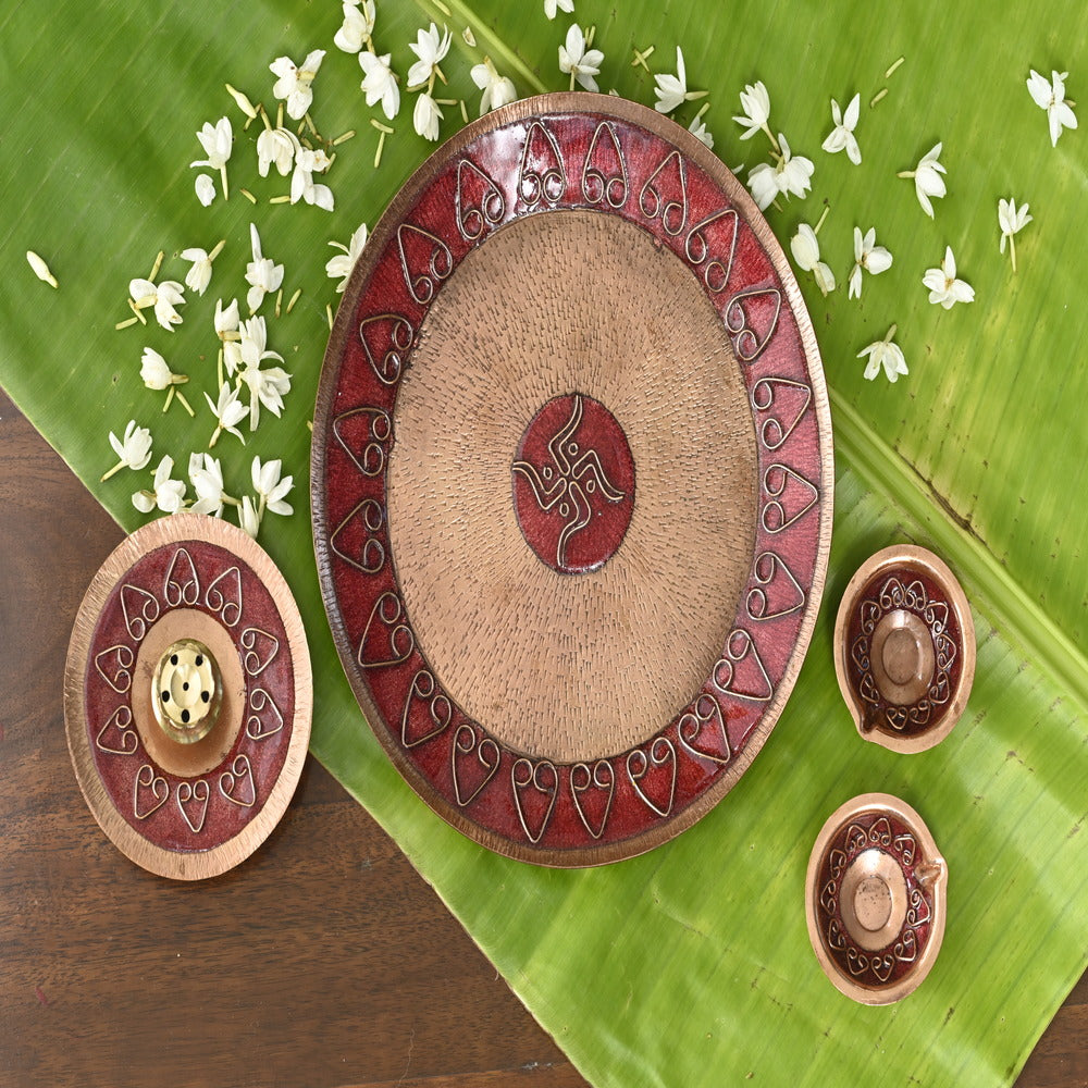 Archana Festive Pooja Thali With Diya & Agarbatti Stand | Copper Ware | Combo Of 4