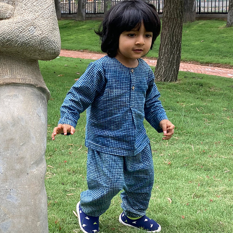 Natural Dyed Indigo Check Kurta Pant Co-ord for Kids | Sustainable Organic Cotton