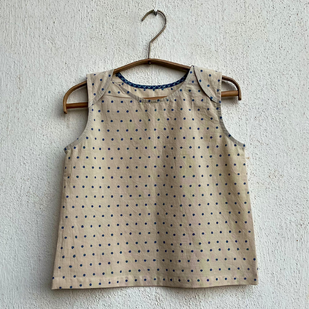 Top Pant Set for Kids | Sustainable Combo of Polka Print with Check | Indigo & Ecru