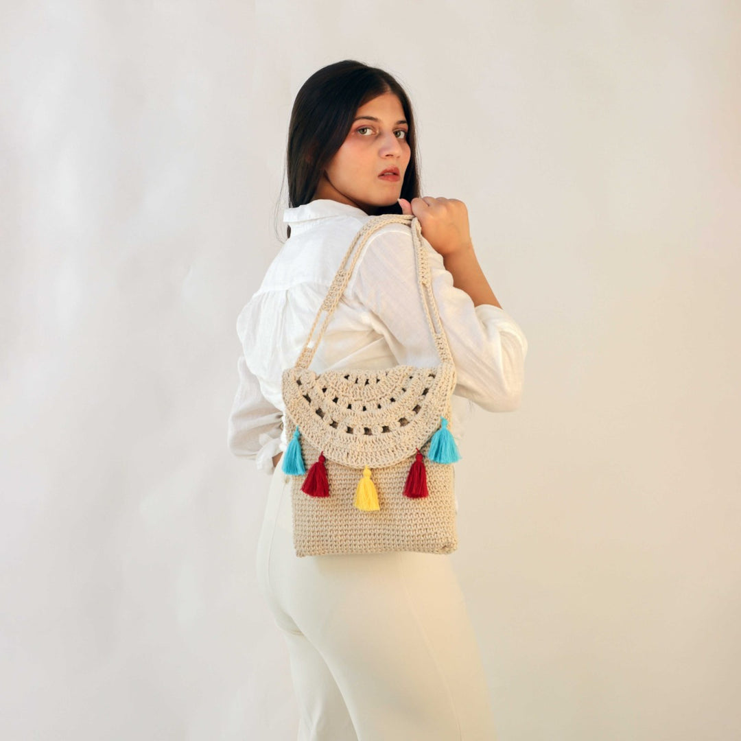 Mini Sling Tasseled Beach Bag | Hand-Crochet | Cotton Yarn | Off-White