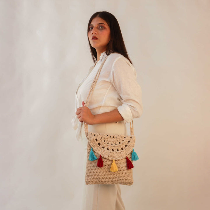 Mini Sling Tasseled Beach Bag | Hand-Crochet | Cotton Yarn | Off-White