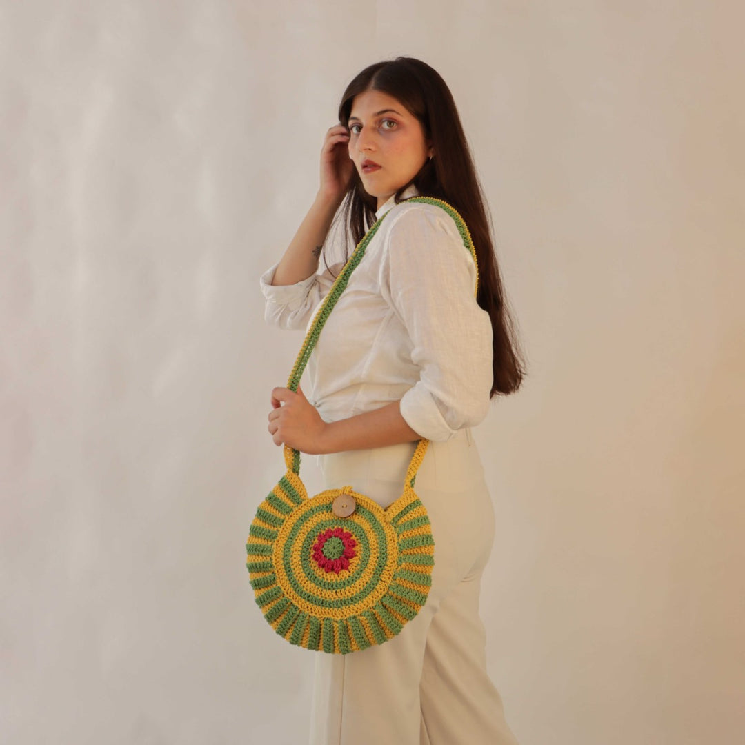 Floral Round Mini Sling Bag | Hand-Crochet | Cotton Yarn | Mustard & Fern Green