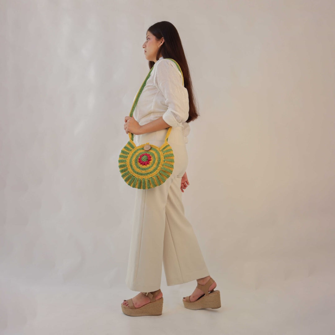 Floral Round Mini Sling Bag | Hand-Crochet | Cotton Yarn | Mustard & Fern Green