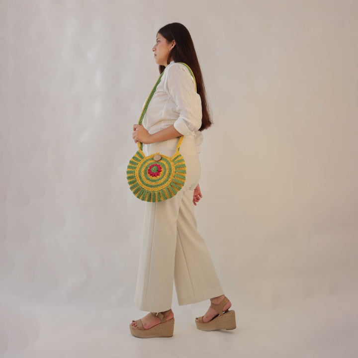 Floral Round Mini Sling Bag | Hand-Crochet | Cotton Yarn | Mustard & Fern Green