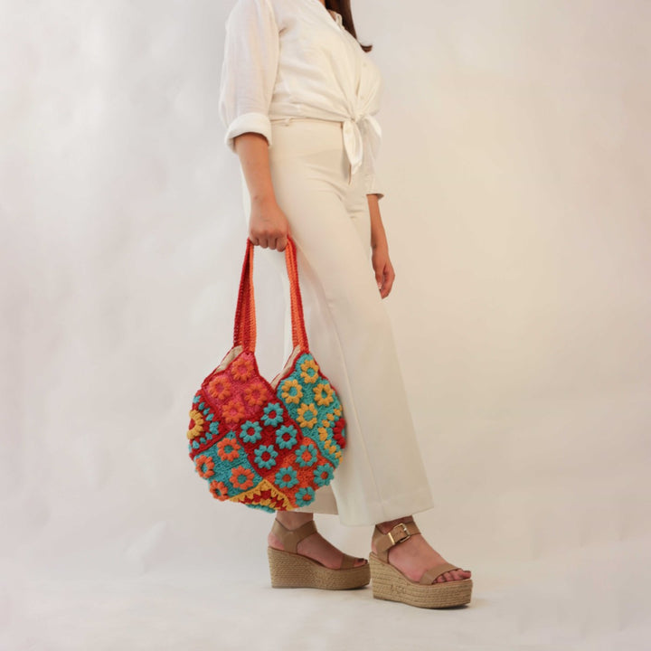 Floral Tote Bag | Hand-Crochet | Cotton Yarn | Crimson Red