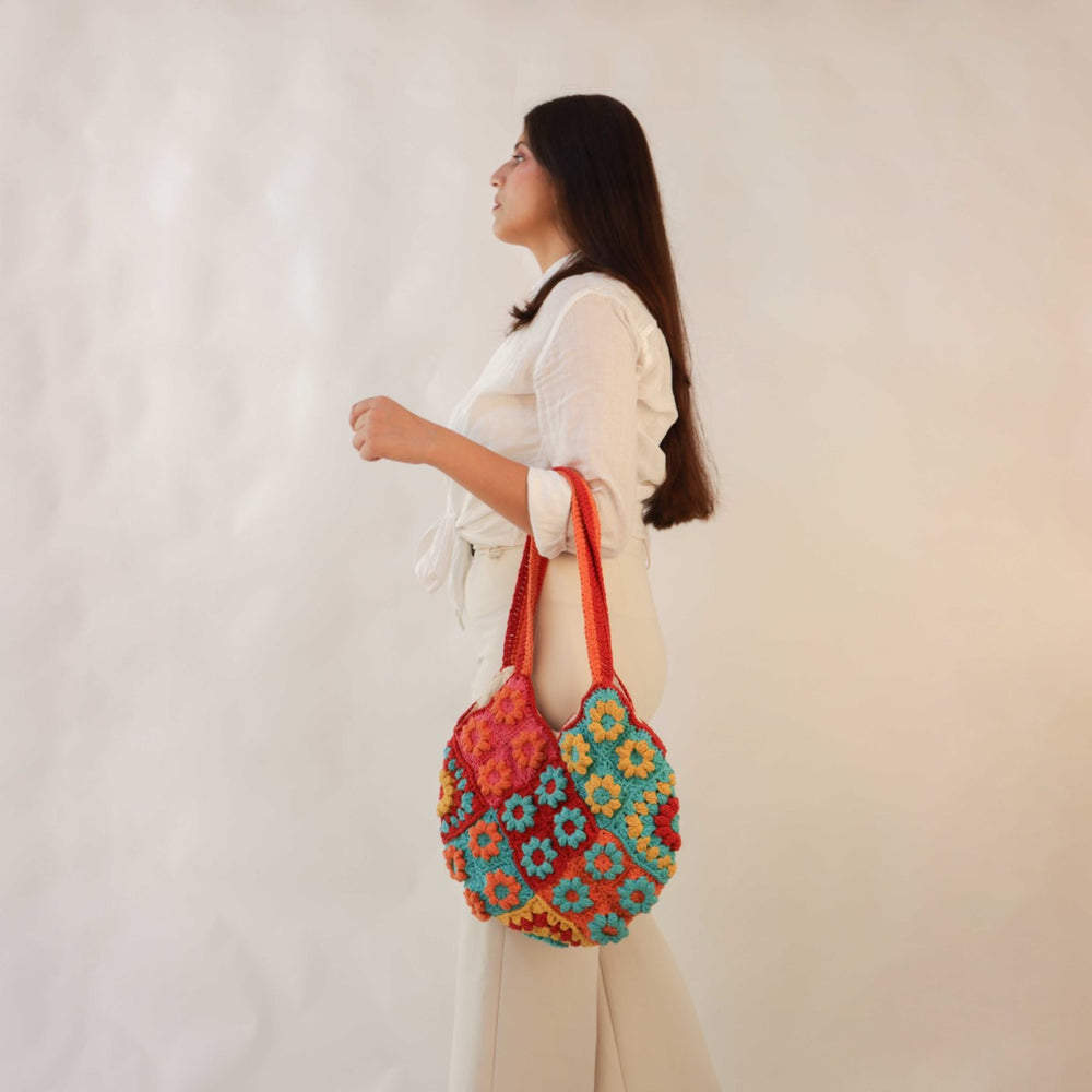 Floral Tote Bag | Hand-Crochet | Cotton Yarn | Sustainable | Crimson Red