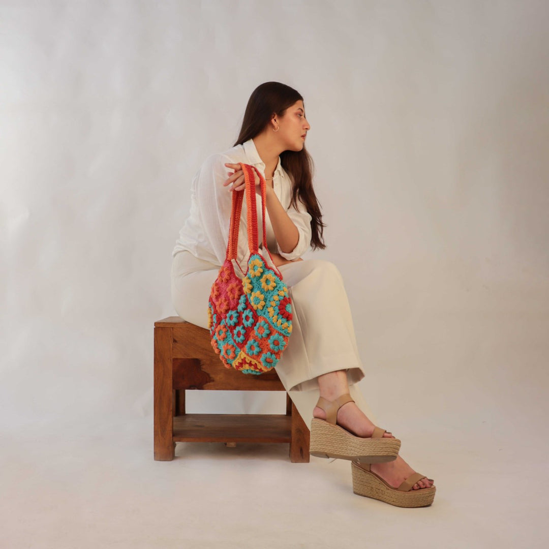 Floral Tote Bag | Hand-Crochet | Cotton Yarn | Sustainable | Crimson Red