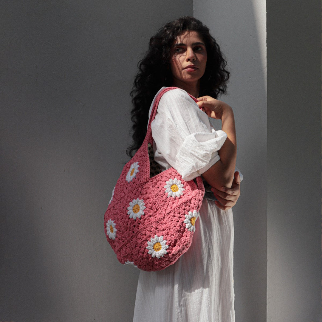 Daisy Floral Hand-Crafted Tote Bag | Hand-Crochet | Cotton Yarn | Rose Pink