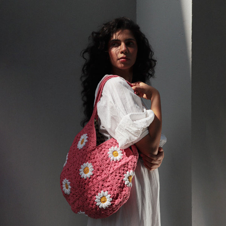 Daisy Floral Hand-Crafted Tote Bag | Hand-Crochet | Cotton Yarn | Rose Pink