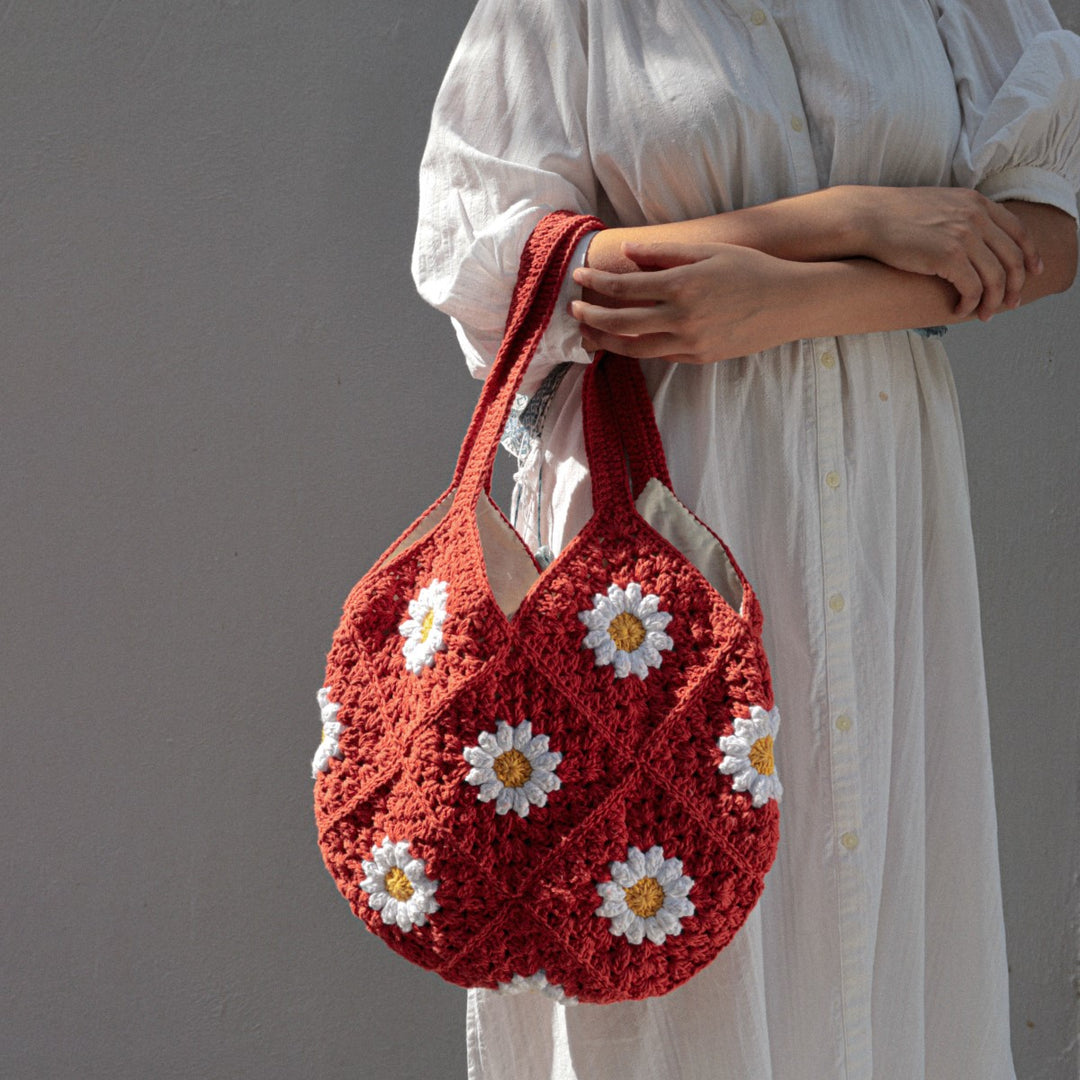 Hand-Crafted Daisy Tote Bag | Hand-Crochet | Cotton Yarn | Sustainable | Red