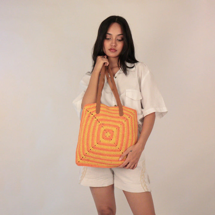 Hand-Crafted Geometric Tote Bag | Hand-Crochet | Cotton Yarn | Dusty Orange