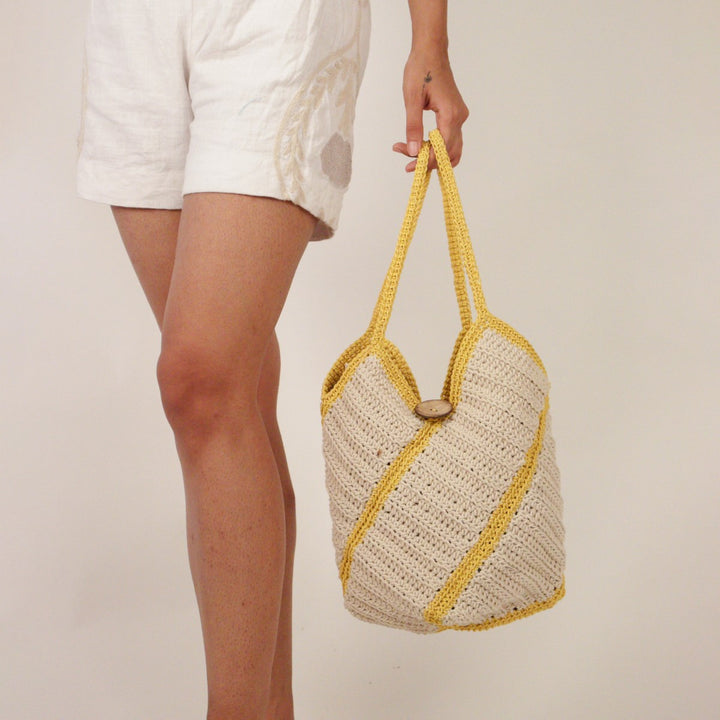 Bucket Hand Bag | Hand-Crafted & Crochet | Cotton Yarn | Off White & Mustard