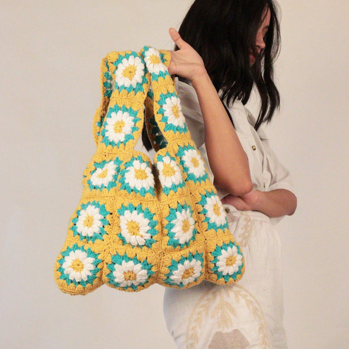 Square Floral Shoppers Tote Bag  | Hand-Crochet | Cotton Yarn | Tuscany Yellow