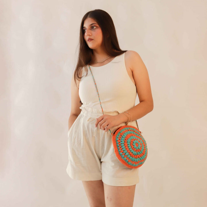 Cherry Round Mini Sling Bag | Hand-Crochet | Cotton Yarn | Rust & Turquoise