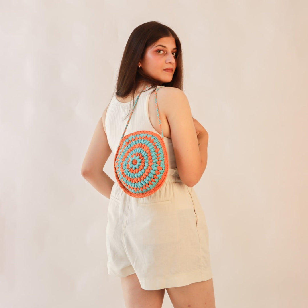 Cherry Round Mini Sling Bag | Hand-Crochet | Cotton Yarn | Rust & Turquoise