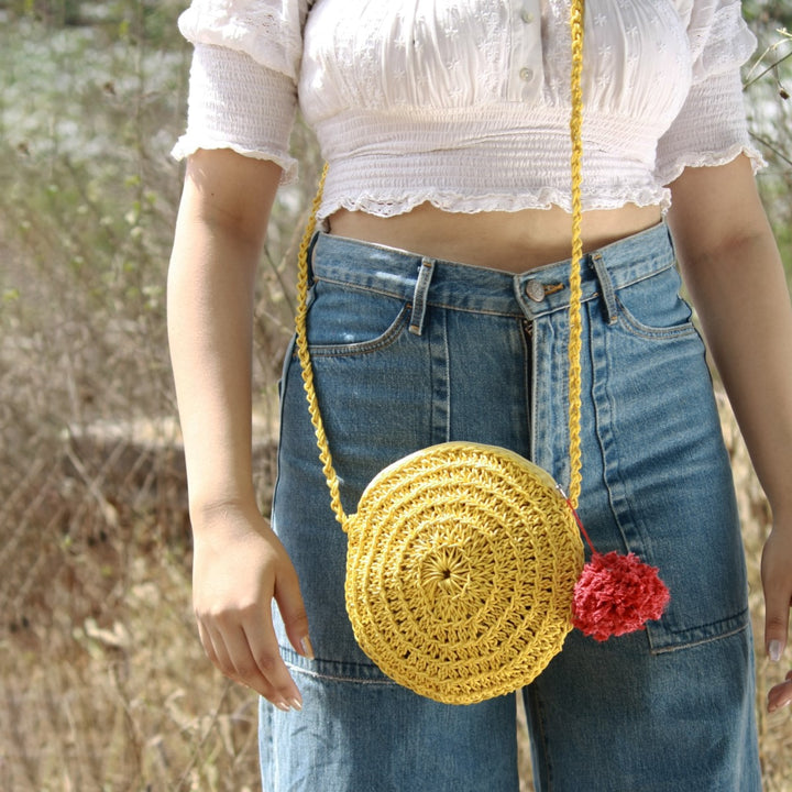 Miniature Round Mini Sling Bag | Hand-Crochet | Cotton Yarn | Mustard Yellow