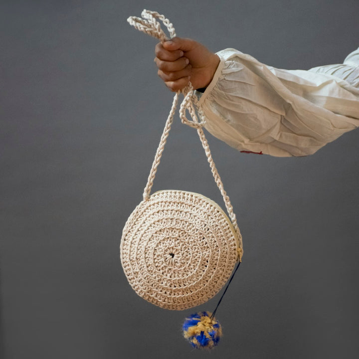 Miniature Round Mini Sling Bag | Hand-Crochet | Cotton Yarn | Off White