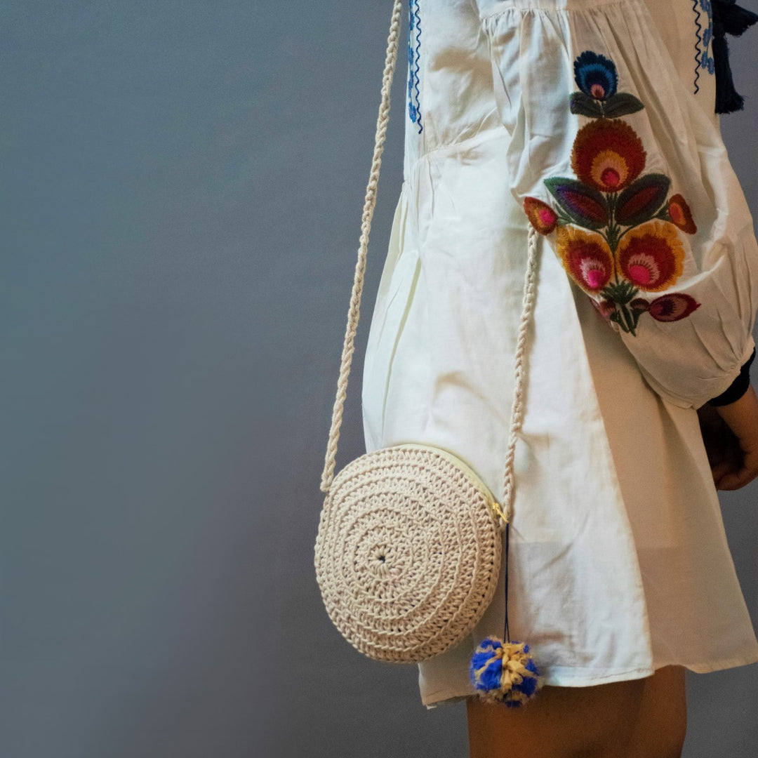 Miniature Round Mini Sling Bag | Hand-Crochet | Cotton Yarn | Off White