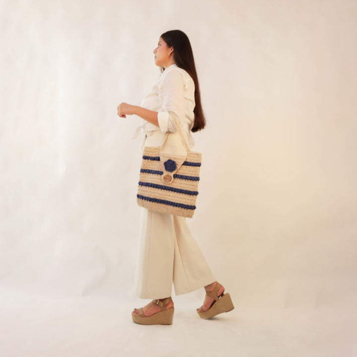 Striper Handbag Bag | Hand-Crochet | Cotton Yarn | Off White & Royal Blue