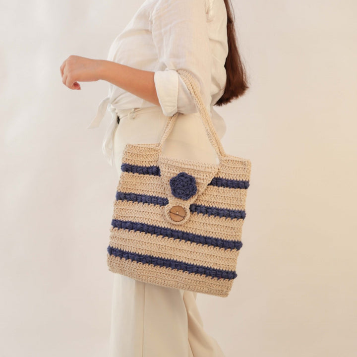 Striper Handbag Bag | Hand-Crochet | Cotton Yarn | Off White & Royal Blue