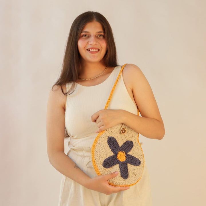 Blue Flower Mini Shoulder Bag | Hand-Crochet | Cotton Yarn | Off White & Mustard