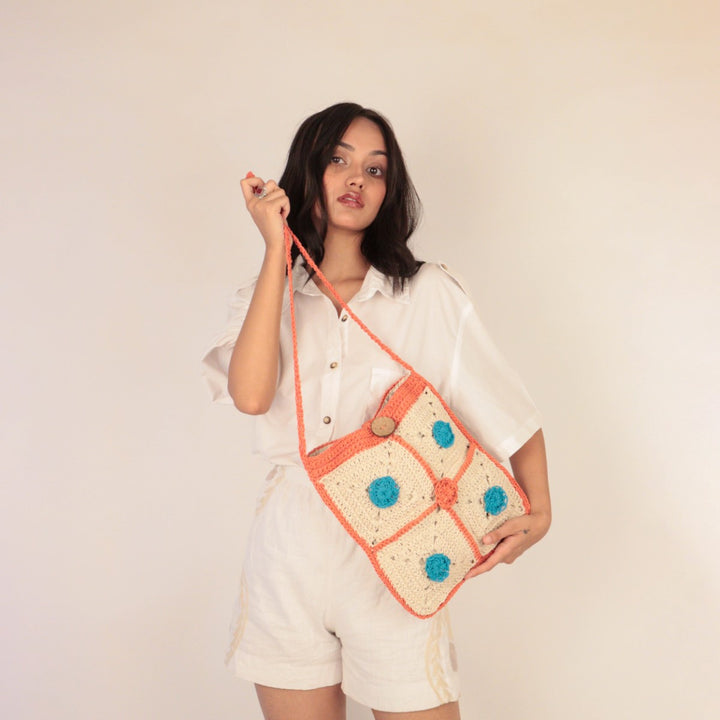 Rectangular Crossbody Bag | Hand-Crochet | Cotton Yarn | Off White & Orange