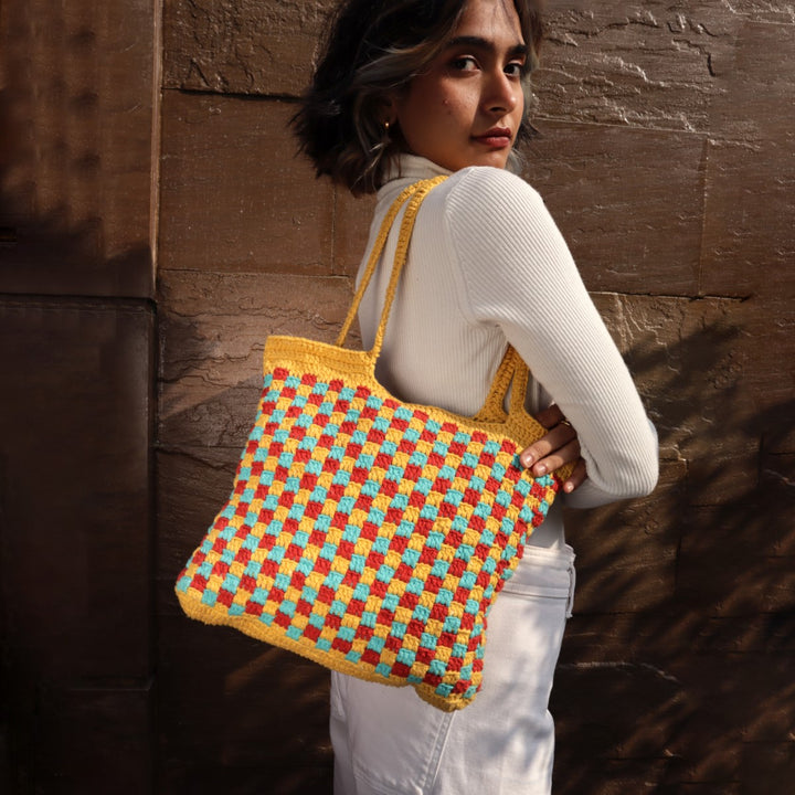 The Checkered Board Hand Bag | Hand-Crochet | Cotton Yarn | Mustard Yellow