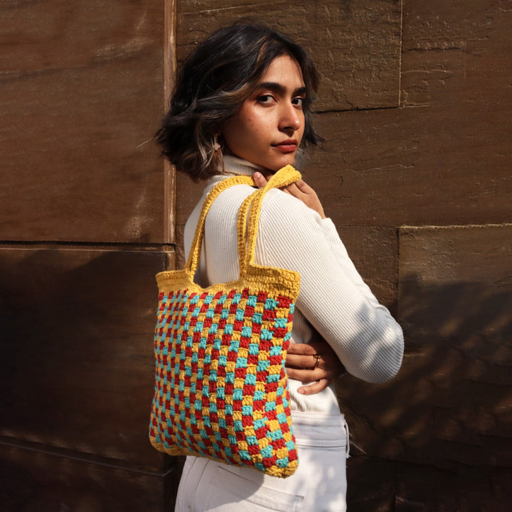 The Checkered Board Hand Bag | Hand-Crochet | Cotton Yarn | Mustard Yellow