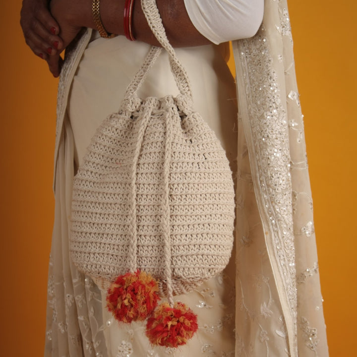 Hand-Crafted Potli Bag | Hand-Crochet | Cotton Yarn | Off White